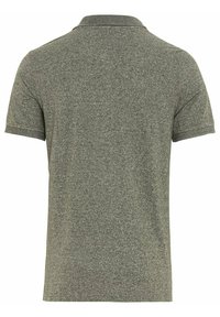 Grijze gemêleerde polo met een klassieke kraag, korte mouwen en een normale pasvorm. Zachte stof met een subtiel gemêleerd patroon.