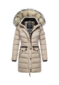 Light beige puffer jacket with a fur-lined hood, zip and button closures, dual side pockets, and a fitted waist design.