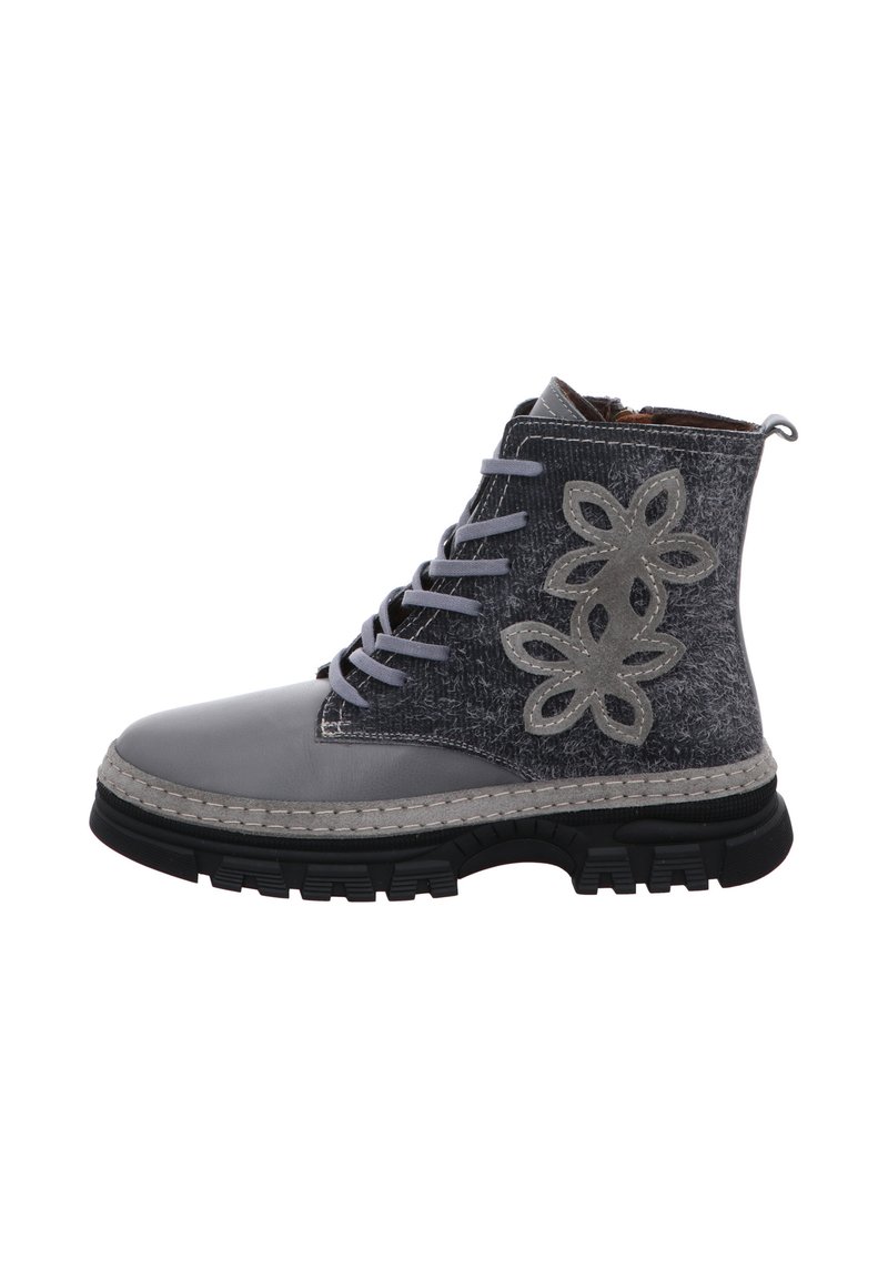 Gray ankle boots with a textured fabric upper, floral embroidery design, synthetic toe cap, and rubber sole featuring a rugged tread.