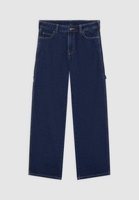 Dunkelblaue Denim-Jeans mit weitem Bein, fünf Taschen, einem vorderen Knopf und kontrastierenden Nähten. Glatte Textur und gerader Schnitt.