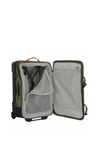 Rolling backpack with a black and olive green exterior. Interior features mesh compartments and straps, gray lining, and zippers.