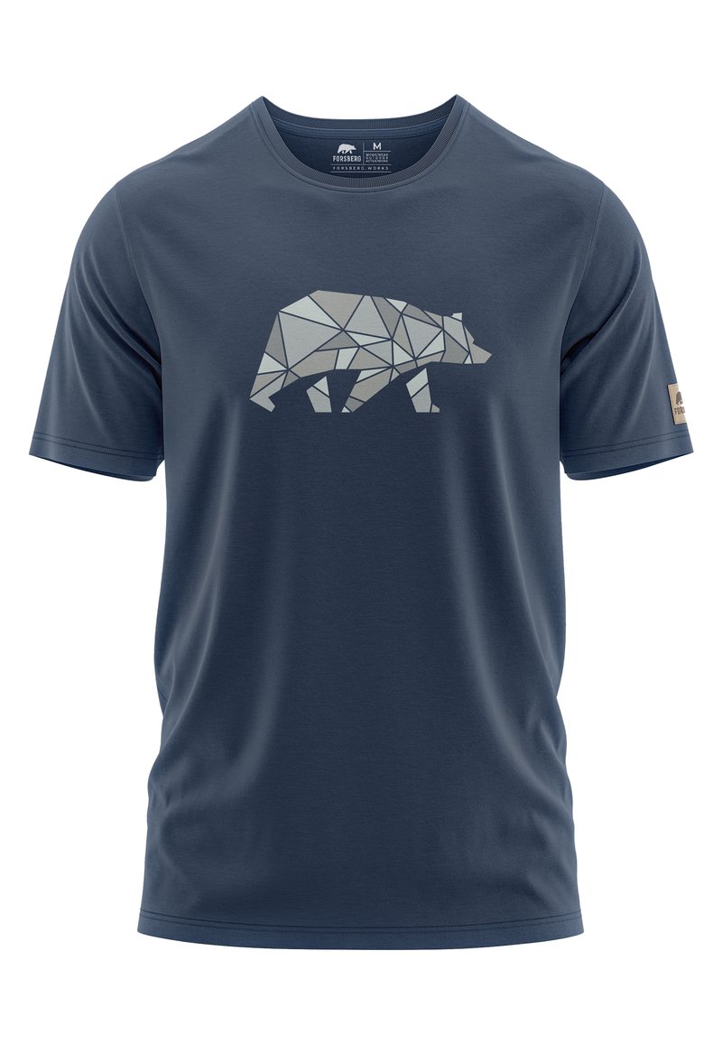 Diepblauw korte mouwen t-shirt van zachte stof, met een geometrisch berenontwerp in lichtgrijs op de voorkant. Logo patch op de mouw.