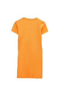 Robe t-shirt orange unie à manches courtes avec un col rond, vue de dos sur fond blanc.