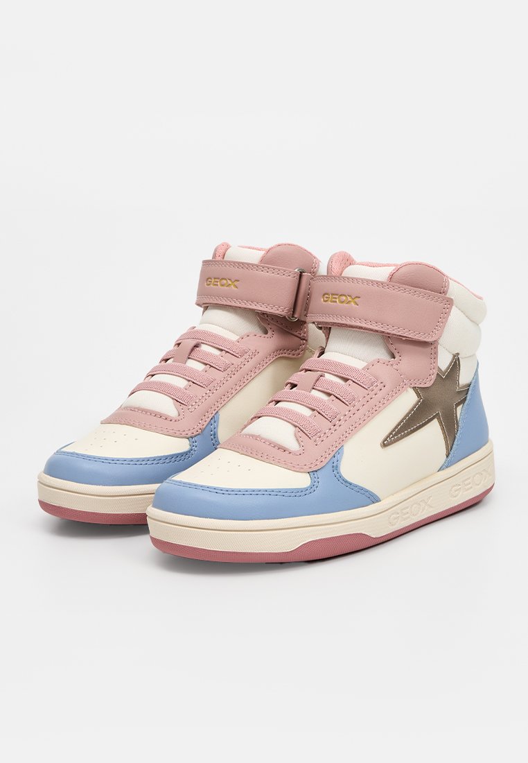 Sneaker alte con tomaia in pelle rosa e blu, dettaglio a stella dorata, punta tonda, strap in Velcro e suola intermedia testurizzata.