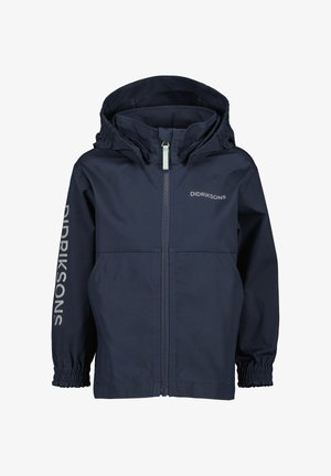 Marineblaue wasserdichte Kinderjacke mit Reißverschluss vorne, elastischen Bündchen, Kapuze und der Aufschrift "DIDRIKSONS" am Ärmel.