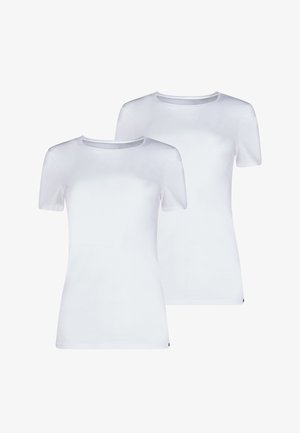 Due t-shirt bianche a maniche corte. Presentano una scollatura rotonda e un tessuto liscio e leggero. Design semplice e classico senza motivi visibili.