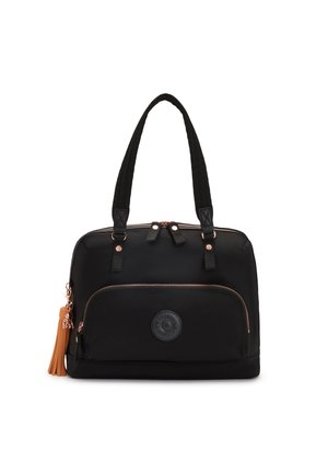 Black nylon tote bag with dual top handles, rose gold zipper accents, front pocket detailing, and a tan tassel attached. Circular logo on front.