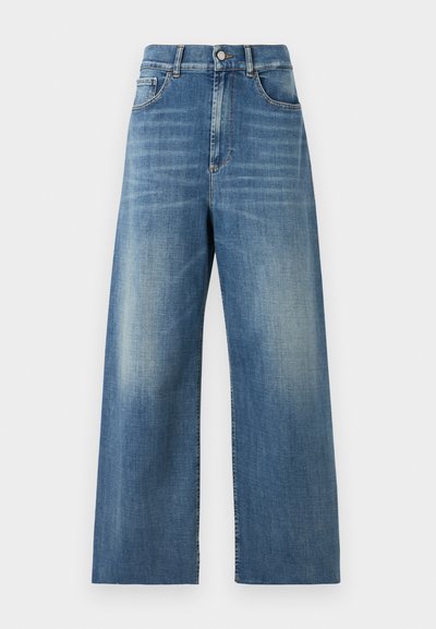 High-waisted, wide-leg jeans made of blue denim with a faded finish. Features include front pockets and a single button closure.
