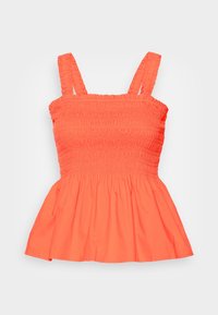 Top peplum arricciato in un vivace colore corallo, caratterizzato da spalline larghe, un corpino aderente e una gonna svasata, realizzato in tessuto leggero con una superficie liscia.