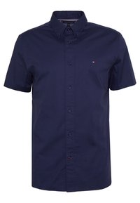 Camicia da uomo a maniche corte blu navy con colletto button-down e piccolo logo Tommy Hilfiger sul petto.