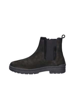 Bottines en daim noir avec des panneaux latéraux élastiques, une languette et une semelle en caoutchouc texturée pour une meilleure adhérence.