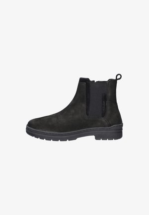 Bottines en daim noir avec des panneaux latéraux élastiques, une languette et une semelle en caoutchouc texturée pour une meilleure adhérence.