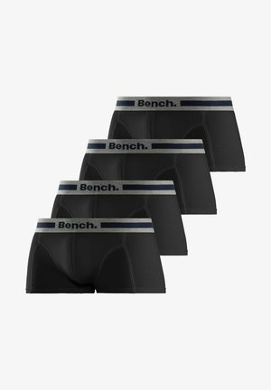 Schwarze Boxer Shorts mit einem figurschmeichelnden Design, ausgestattet mit einem grauen und marineblauen elastischen Bund, auf dem das ‚Bench.‘-Logo deutlich zu sehen ist.