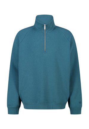 Tealkleurige trui met lange mouwen, een ritssluiting tot een kwart en een hoge kraag, geribbelde boorden en zoom, getoond op een witte achtergrond.