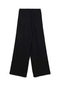 Pantalons larges noirs en tissu lisse, avec une taille haute, des poches arrière et une coupe droite jusqu'à l'ourlet.