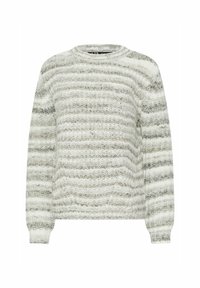 Gestrickter Pullover in Hellgrau mit dunkelgrauen Streifen. Rundhalsausschnitt, lange Ärmel und strukturierte Oberfläche. Mit gerippten Bündchen und Saum.