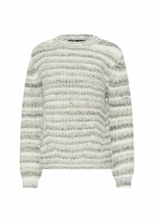 Gebreide trui in lichtgrijs met donkergrijze strepen. Ronde hals, lange mouwen en een gestructureerde afwerking. Voorzien van ribbelboorden en hem.