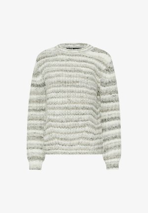 Suéter de punto en gris claro con rayas gris oscuro. Cuello redondo, mangas largas y acabado texturizado. Presenta puños y dobladillo acanalados.