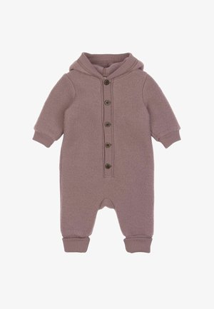 Hooded Einteiler aus weichem mauvefarbenem Fleece, mit einer Knopfleiste, gerippten Bündchen und gemütlichem Stoff für Wärme und Komfort.