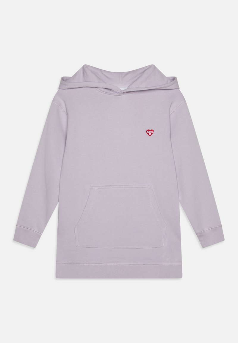 Ljubičasti hoodie s prednjim džepom, dugim rukavima i kapuljačom s vezicom. Sadrži mali crveni logo srca na prsima. Mekana tekstura tkanine.