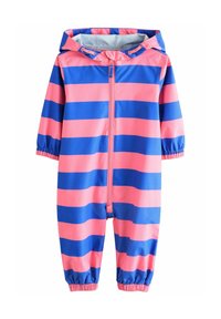 Waterdichte, met een capuchon gevoerde jumpsuit in roze en blauwe strepen, met een ritssluiting aan de voorkant, elastische boorden en een gladde, glanzende textuur.