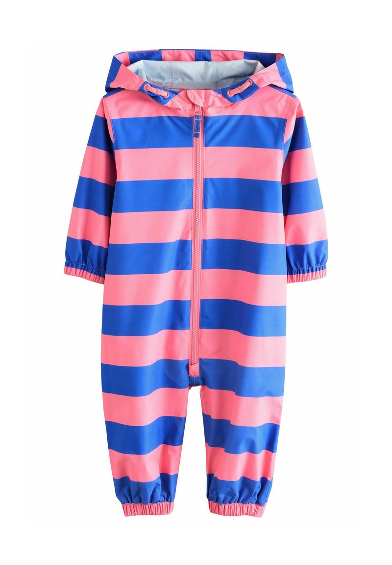 Waterdichte, met een capuchon gevoerde jumpsuit in roze en blauwe strepen, met een ritssluiting aan de voorkant, elastische boorden en een gladde, glanzende textuur.