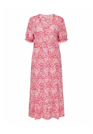 Robe midi rose et blanche à motifs avec manches courtes bouffantes, col en V, boutonnage devant et taille cintrée.