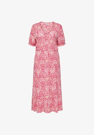 Rochie midi cu model roz și alb, mâneci scurte bufante, decolteu în V, nasturi în față și talie strâmtă.