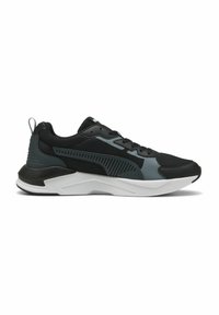 Scarpe sportive nere e grigie, con un upper in rete, dettagli testurizzati, colletto imbottito e una suola in gomma bianca con design geometrico.