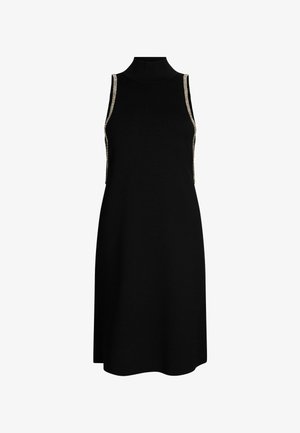 Abito senza maniche nero con collo alto, caratterizzato da dettagli in tono argento lungo le cuciture laterali e una silhouette A-line morbida.