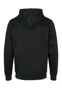 Zwarte hoodie met een gladde textuur, voorzien van een buidelzak, geribde manchetten en onderrand, en een capuchon met trekkoord voor een verstelbare pasvorm.