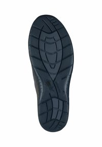 Black rubber shoe sole with textured tread pattern, featuring curved grooves and branding, designed for grip and durability.