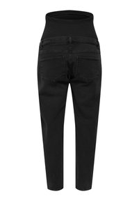 Jeans en denim noir avec une taille haute élastique, des jambes fuselées et deux poches arrière ; texture lisse avec un léger élasticité.