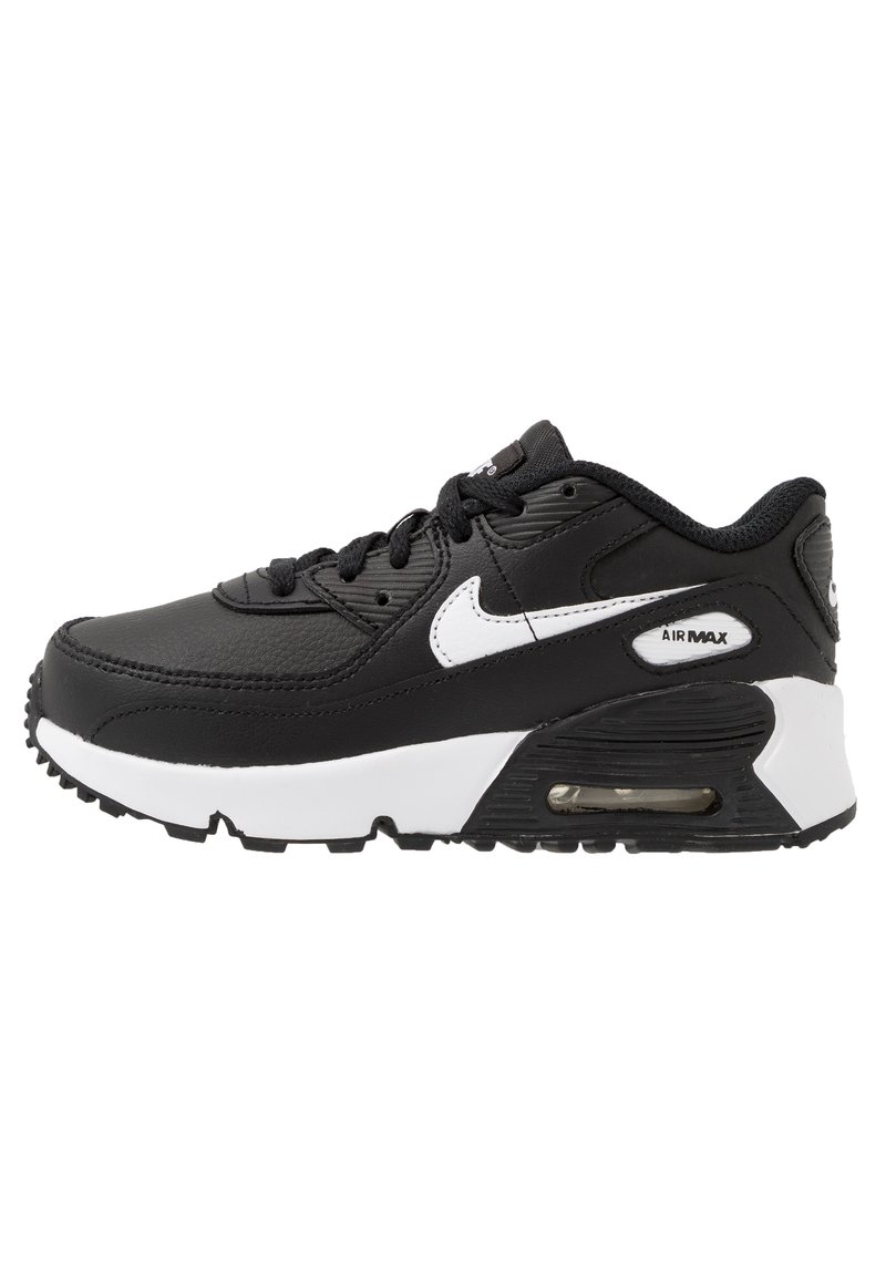 Schwarze Sneaker mit weißen Akzenten, strukturiertem Synthetik-Obermaterial, gepolstertem Schaft, sichtbarem Luftpolster in der Sohle und Gummitraktionssohle.