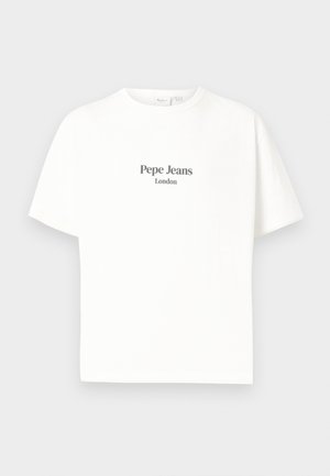 Witte T-shirt met korte mouwen en ronde hals met "Pepe Jeans London" in grijs gedrukt, centraal op de borst.