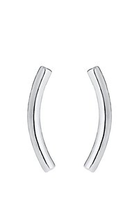 Orecchini curvi di colore argento con una finitura lucida. Presentano un design liscio e elegante che accentua il lucido metallico.