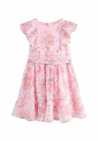 Blumendruckkleid aus leichtem pinkem Stoff. Mit kurzen Rüschenärmeln, einem taillierten Oberteil und einem schwingenden Rock mit Saum.