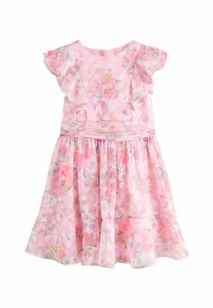 Blumendruckkleid aus leichtem pinkem Stoff. Mit kurzen Rüschenärmeln, einem taillierten Oberteil und einem schwingenden Rock mit Saum.