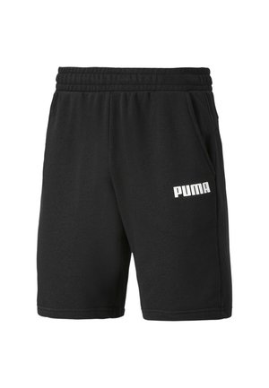 Schwarze Baumwollshorts mit einem elastischen Bund, seitlichen Taschen und einem weißen "PUMA"-Logo, das auf dem linken Bein gedruckt ist. Glatte Textur.