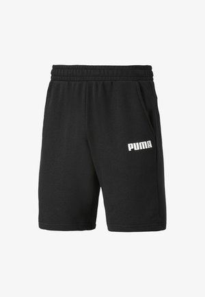 Sorte bomuldsshorts med elastisk talje, sidelommer og en hvid "PUMA"-logo trykt på venstre ben. Glat tekstur.