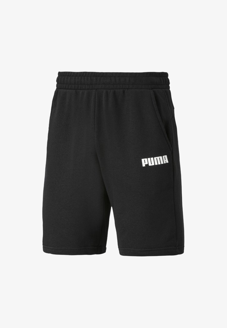 Shorts en coton noirs avec une taille élastique, des poches latérales et un logo "PUMA" blanc imprimé sur la jambe gauche. Texture lisse.