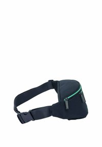 Borsa in tessuto nera a vita con forma curvata, con zip verdi e due tasche con zip. Cinghia regolabile con fibbia in plastica.