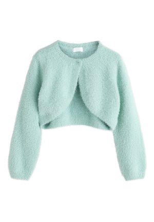 Cárdigan corto de color azul claro con textura borrosa, mangas largas y cierre con un solo botón en el escote.