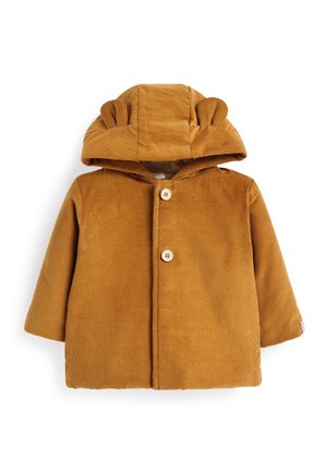 Veste bébé en velours côtelé marron avec capuche, ornée de deux petites oreilles en tissu et de boutons en bois sur le devant.