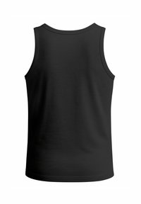 Schwarzes ärmelloses Shirt von hinten betrachtet, mit rundem Ausschnitt und glatter Stoffoberfläche. Der neutrale Hintergrund lenkt die Aufmerksamkeit auf das Shirt.