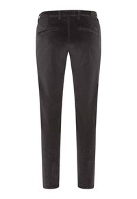 Schwarze Cordhosen mit Slim-Fit, die über eine glatte Textur, zwei Gesäßtaschen und einen klassischen Bund ohne sichtbare Beschläge verfügen.
