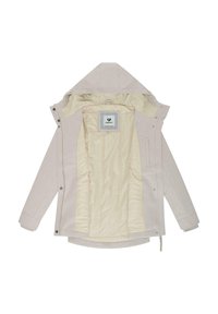 Vaalea beige huppari, jossa on sileä satiinivuori, vetoketju ja napit sekä brändilogo kauluksessa.