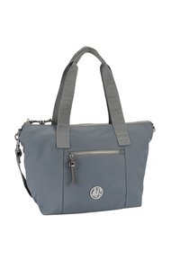 Borsa a tracolla in nylon grigio con doppio manico superiore, tracolla staccabile, tasca frontale con zip e dettaglio circolare del logo in metallo.