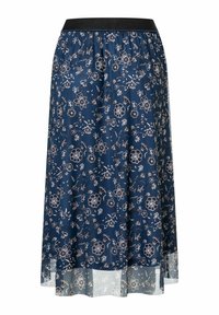 En marineblå blomstret nederdel med et sort elastisk liv, gennemsigtig stof ved kanten og hvide blomster mønstre gennem hele designet.