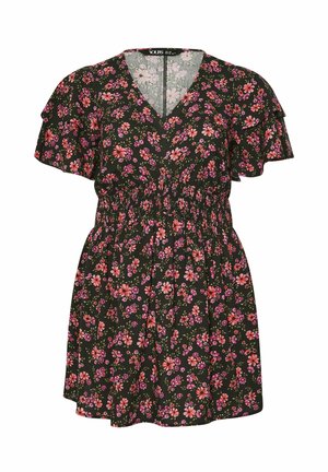 Robe noire avec motif floral rose et violet, col en V, manches volantées et taille élastique froncée.